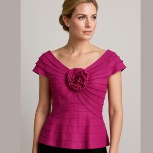 Tadashi Shoji Magenta Rosette Pleated Top – Size 8